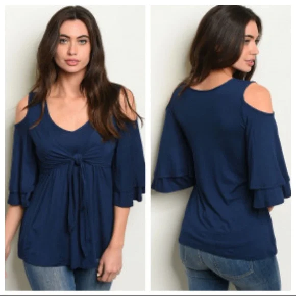 Navy Cold Shoulder Tie Front Top - Picture 1 of 1